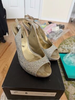 Crystal Embellished Gold Peep-Toe Slingback Heels